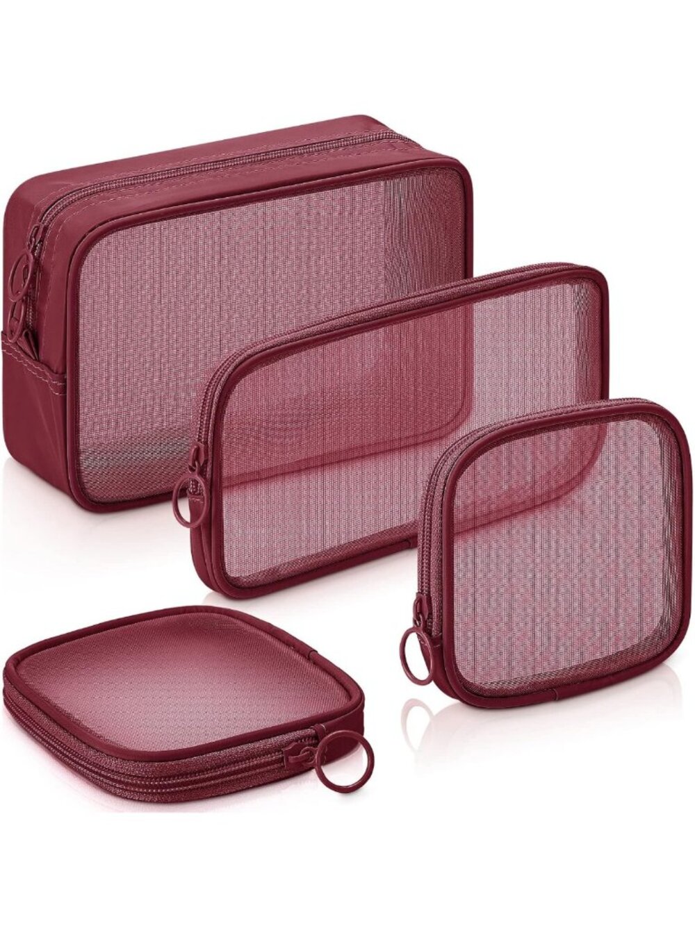 4Pcs Mesh Makeup Bag Set - Wine Red, Small to Large, Stylish Organizer for